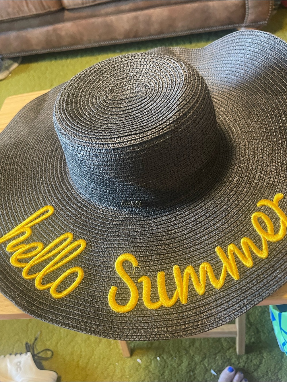 Lucky 7 Beach/Sun Hat 100% Paper Pliable Wide Black Brim Hello Summer Embroidery